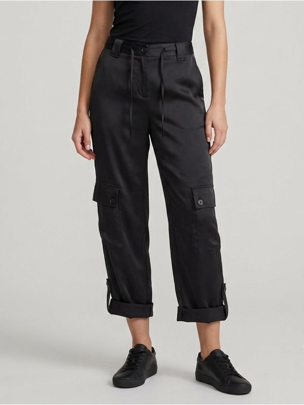 Cambio Black Silk Blend Satin Wide Leg Cargo Pants w/ Roll Tab Hems - Small